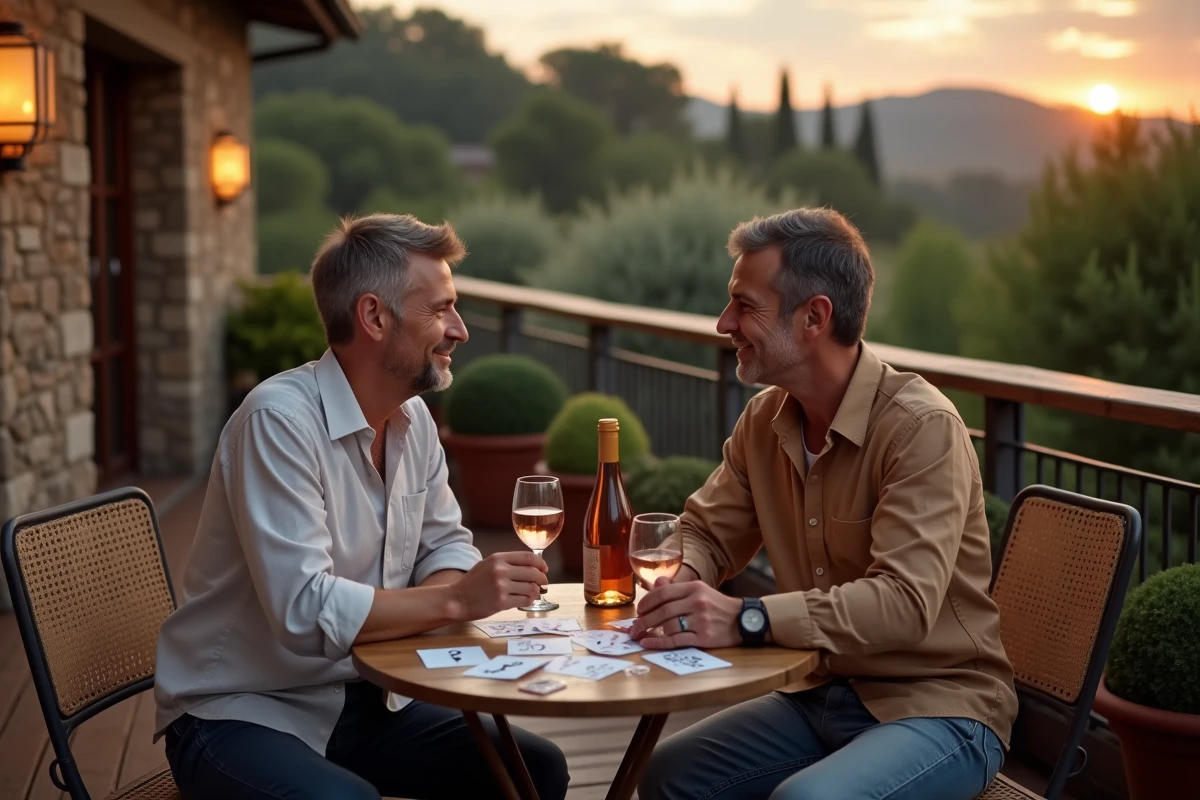 Couple de quarantenaires jouant aux questions Z'amours en terrasse au coucher du soleil avec du vin rosé