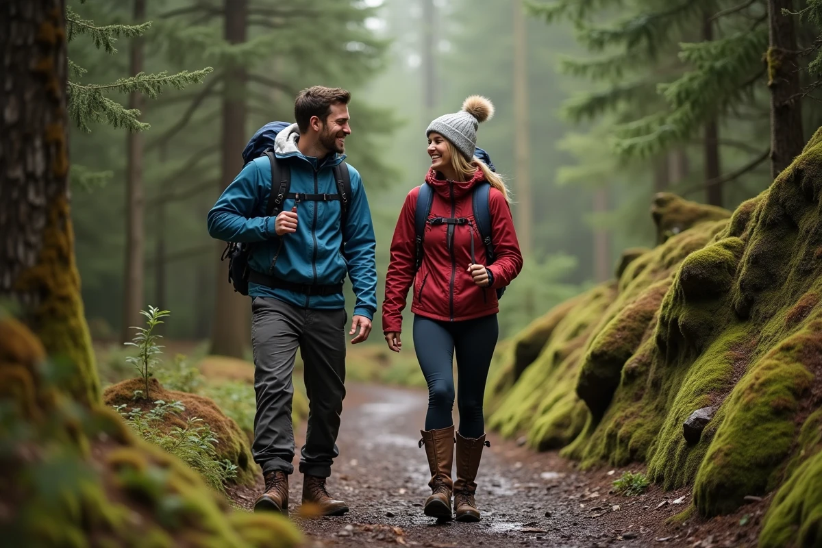 Un couple de sportifs en randonnée dans une forêt, alliant passion commune pour la nature et complicité dans la vie de tous les jours