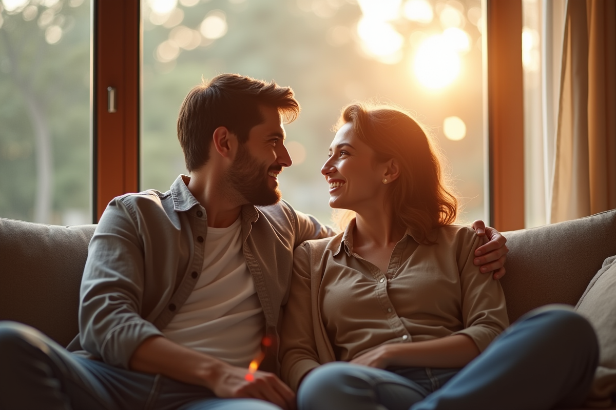 Couple assis sur un canapé dans un salon chaleureux