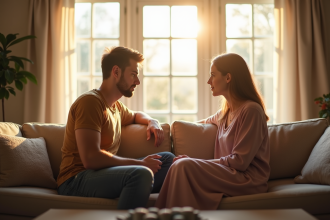 Couple assis séparément dans un salon lumineux tension dans la pièce