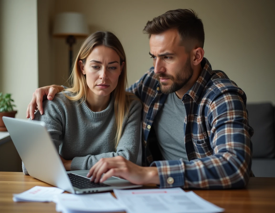 Couple de travailleurs précaires simulant leurs droits CAF en ligne à domicile en 2026