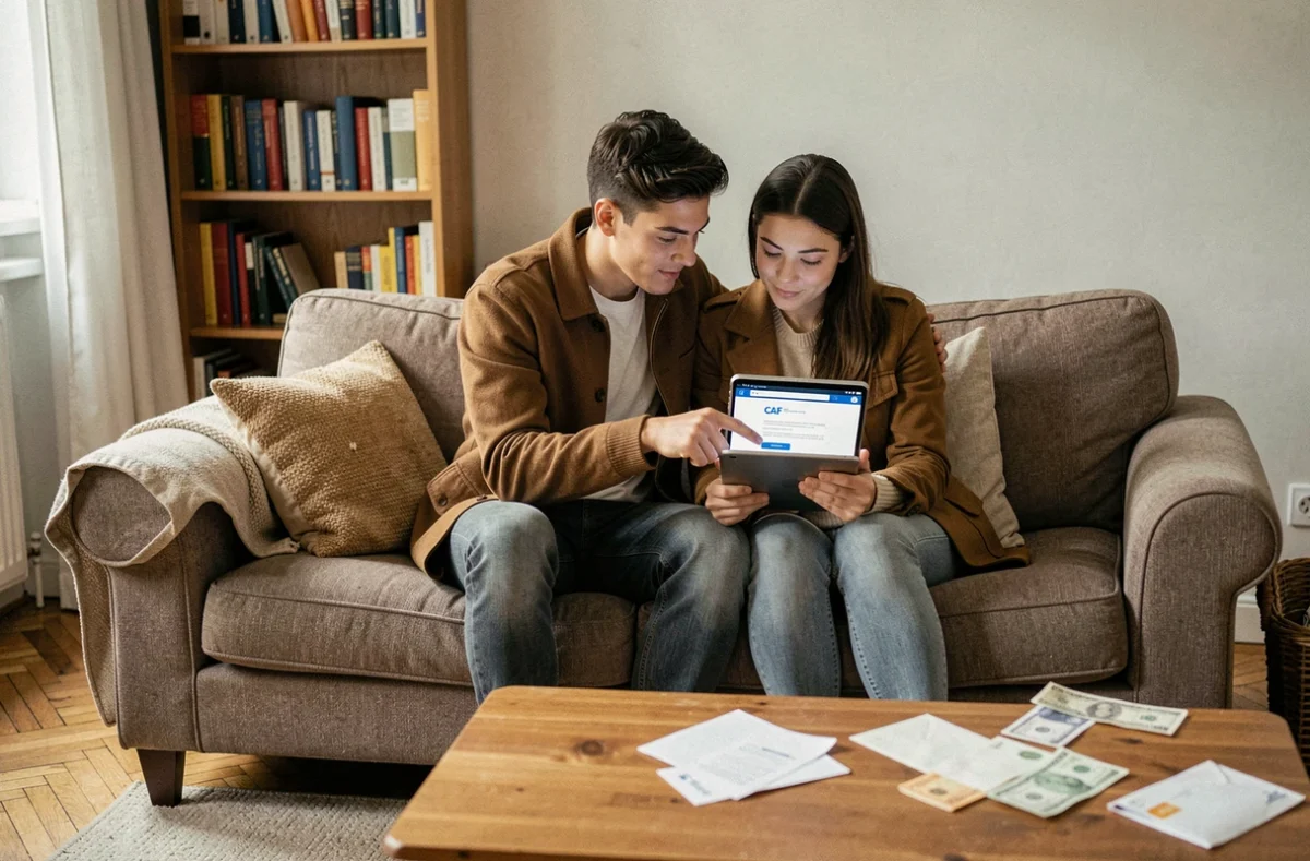 Couple consultant le site de la CAF sur une tablette pour simuler leurs droits aux aides sociales