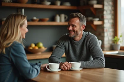 Un couple de trail runners partageant un café matinal dans une cuisine rustique, illustrant la vie quotidienne entre compétitions