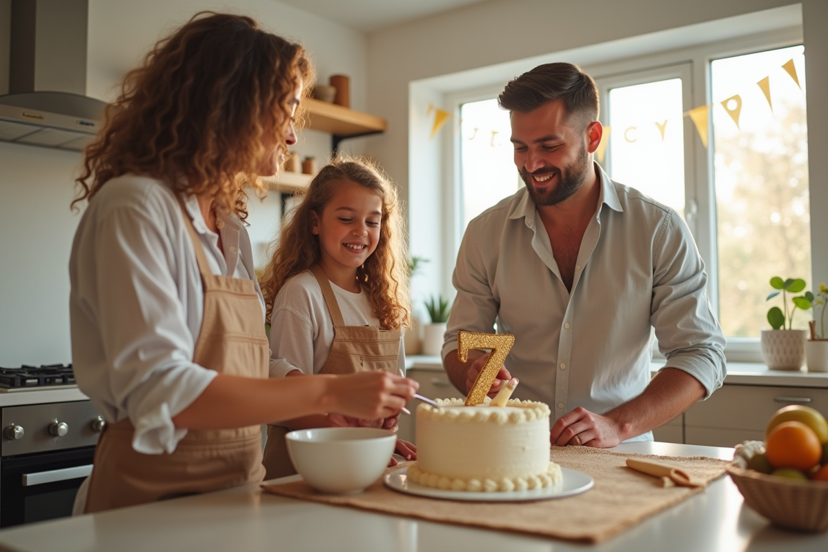 Enfants cuisinant un gâteau pour anniversaire en cuisine lumineuse