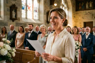 Marraine émue qui prononce son discours lors d'un baptême dans une église en pierre, tenant ses notes à la main