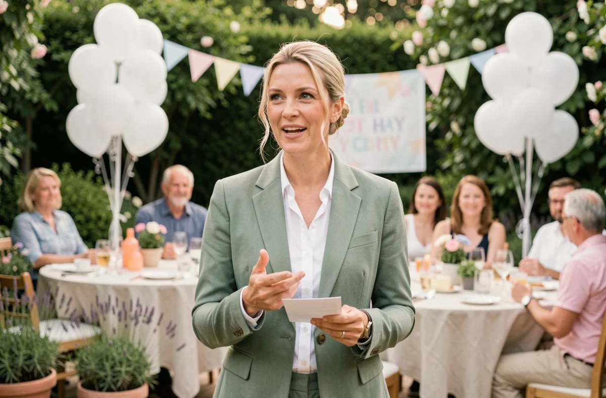 Marraine souriante qui fait son discours de baptême en plein air lors d'une réception dans un jardin fleuri