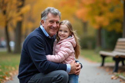 Père et fille se retrouvant dans un parc en automne, illustrant le droit de visite et d'hébergement parental prévu par l'article 375 du Code civil