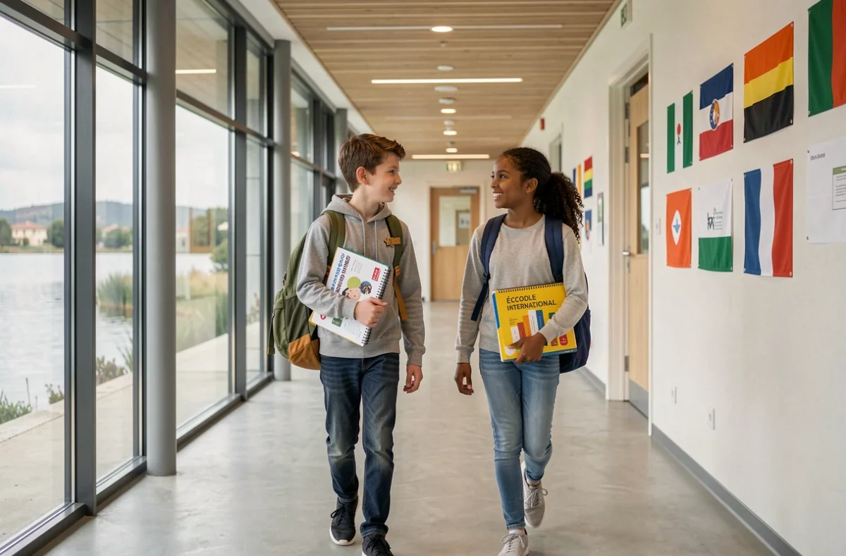 Deux élèves multilingues marchant dans le couloir moderne de l'École Internationale Eridan