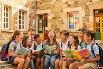Groupe d'élèves bilingues dans une cour d'école en Occitanie, tenant des livres en deux langues