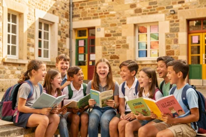 Groupe d'élèves bilingues dans une cour d'école en Occitanie, tenant des livres en deux langues