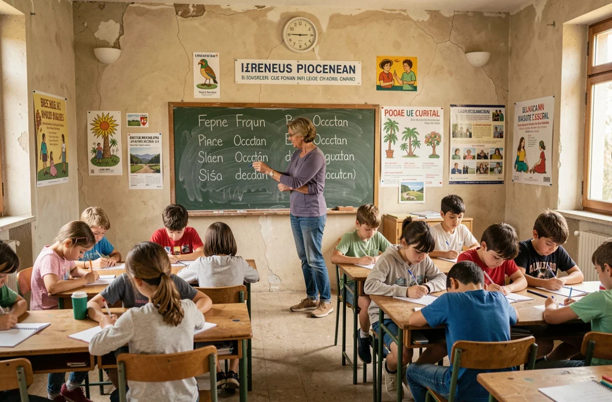Enseignante écrivant des mots en français et en occitan au tableau dans une école publique bilingue de Millau