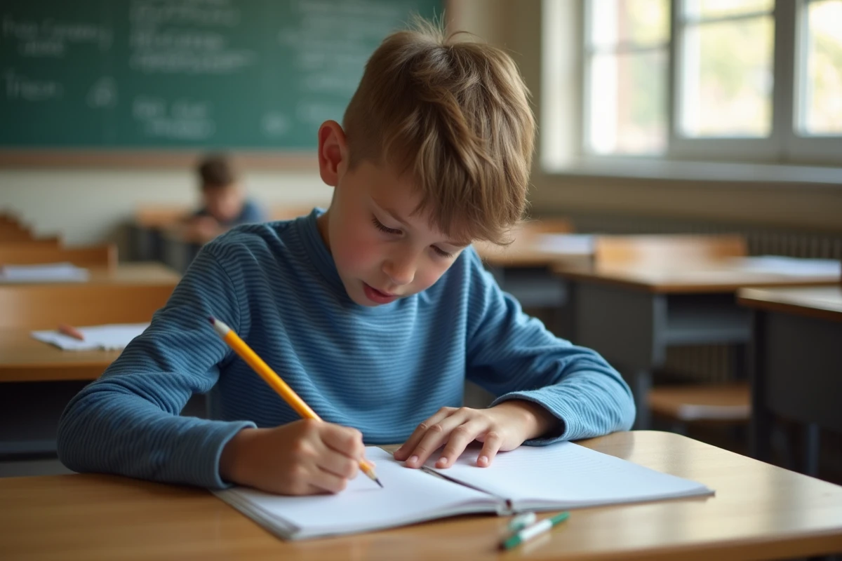 Écolier concentré qui écrit un poème court sur les parents dans son cahier