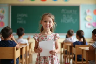 Jeune écolière récitant un poème devant sa classe en école primaire