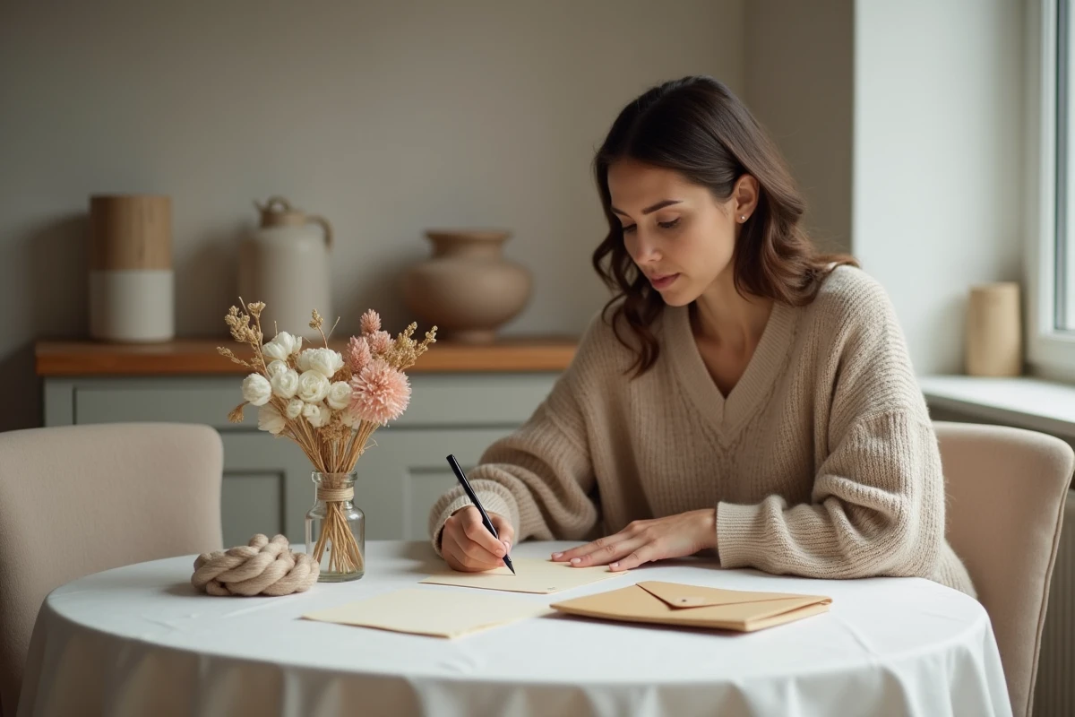 Une femme écrit un message de condoléances à la main sur une carte posée sur une table, accompagnée d'un bouquet de fleurs séchées