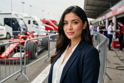 Femme élégante au bord du paddock de Formule 1, représentant le soutien discret mais essentiel d'Egle Ruskyte à la carrière de Nico Hulkenberg