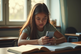 Lyceen anxieux avec smartphone et livres en classe