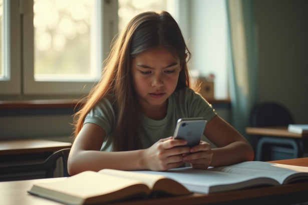 Lyceen anxieux avec smartphone et livres en classe
