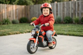 Enfant de 2 ans portant un casque rouge assis sur une petite moto électrique pour enfant dans un jardin