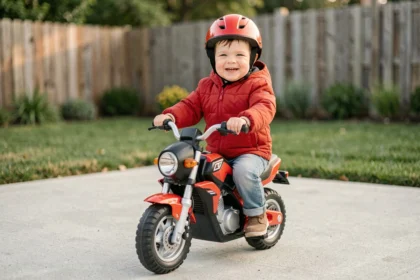 Enfant de 2 ans portant un casque rouge assis sur une petite moto électrique pour enfant dans un jardin