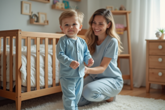 Garcon en pyjama bleu avec sa maman dans une chambre chaleureuse
