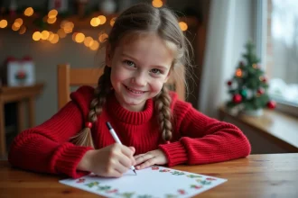 Fille souriante de 7 ans écrivant une lettre à Santa