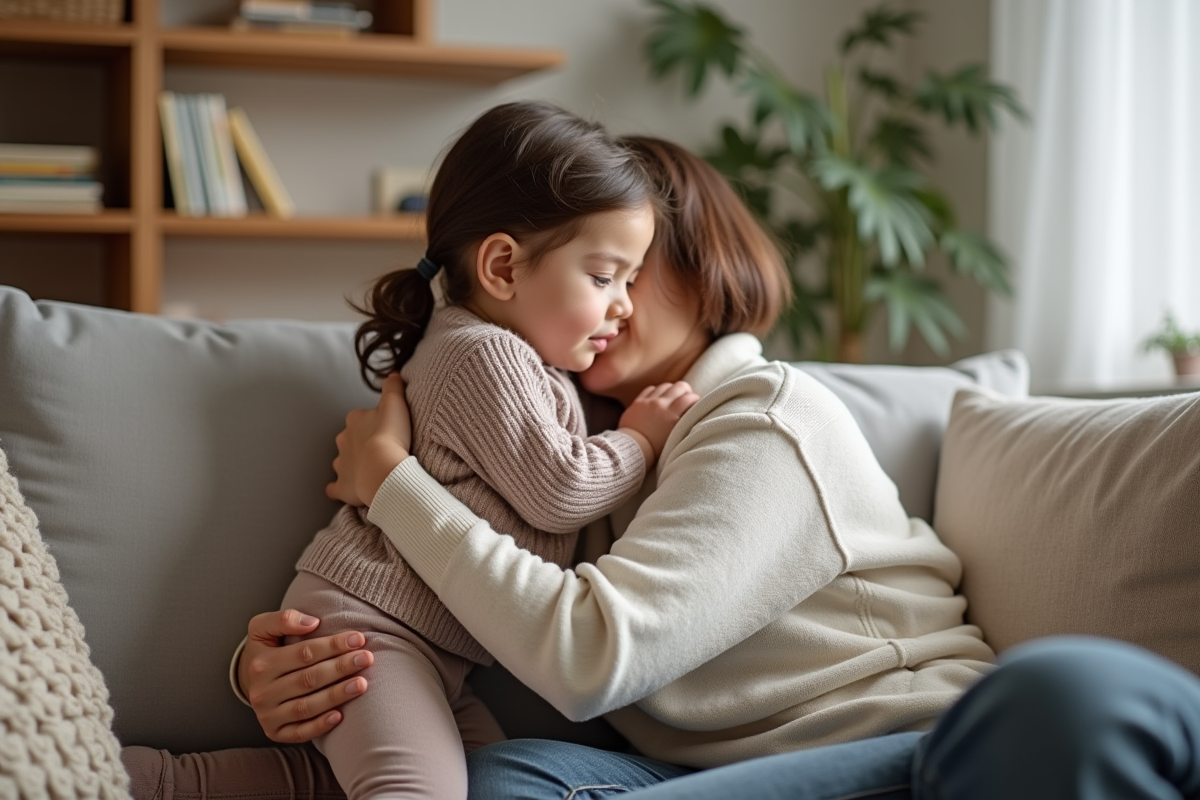 Jeune fille en étreinte avec sa mère dans le salon