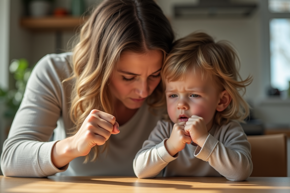 Parent et enfant au table de cuisine en discussion calme