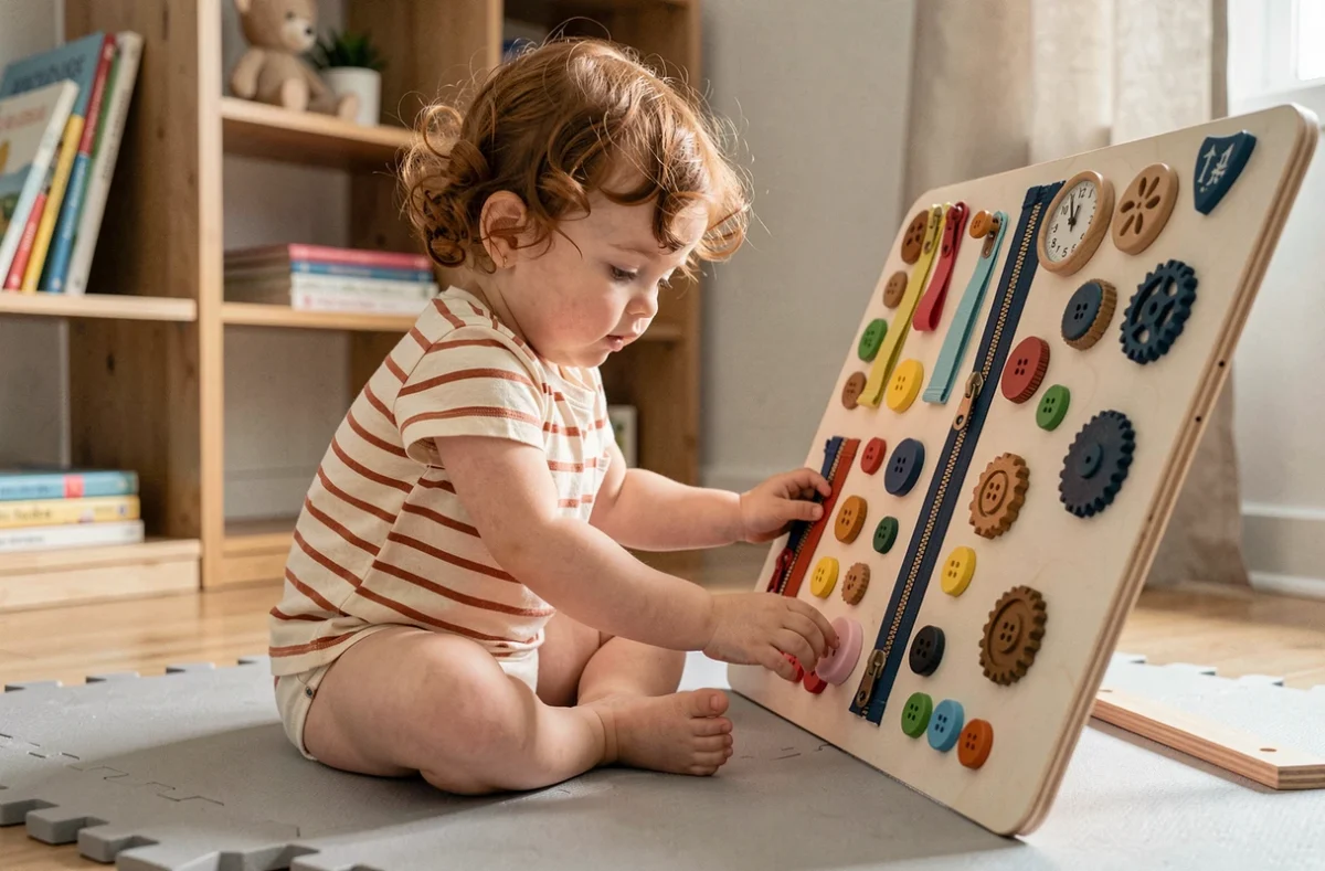 Petite fille de deux ans concentrée sur un busy board Montessori posé au sol dans une chambre d'enfant moderne et lumineuse