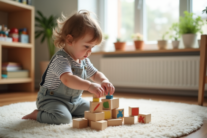 Petite fille en overalls joue avec blocs Montessori