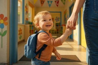 Enfant souriant avec parent devant une garderie colorée