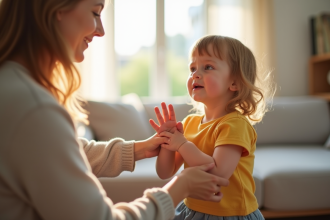 Enfant en colère avec parent dans un salon lumineux