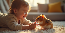 Enfant souriant donnant à manger à un hamster russe dans un salon lumineux
