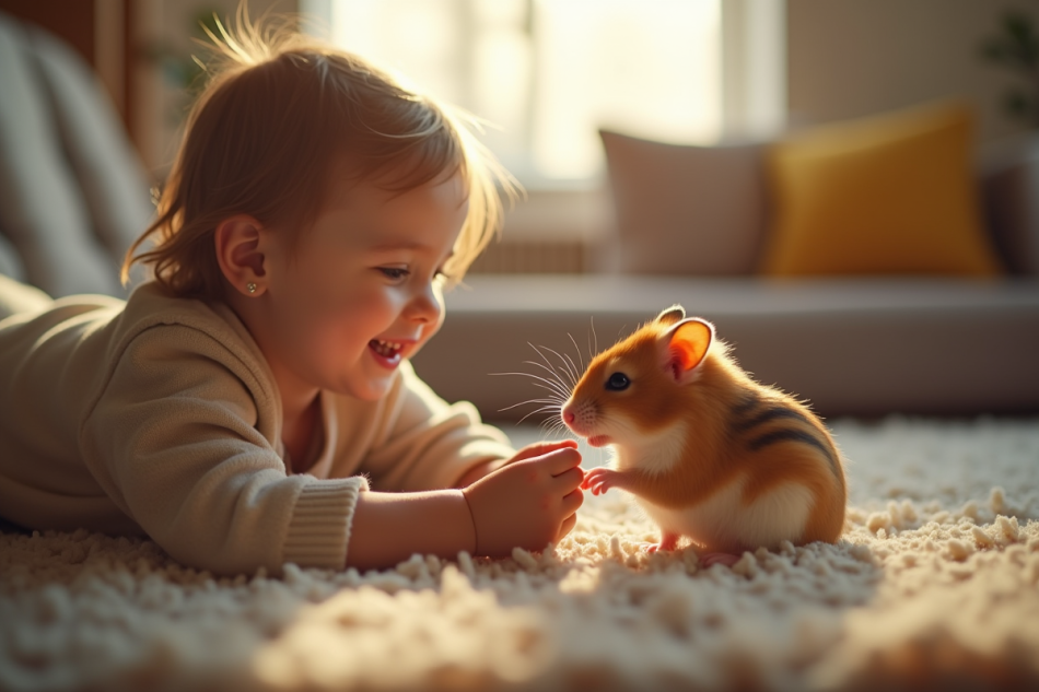 Enfant souriant donnant à manger à un hamster russe dans un salon lumineux