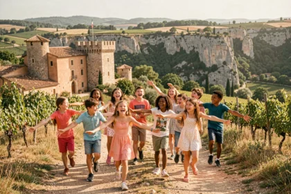 Groupe d'enfants joyeux explorant les paysages variés d'Occitanie, entre patrimoine médiéval et nature sauvage