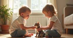 Deux enfants regardent un chaton dans un salon lumineux