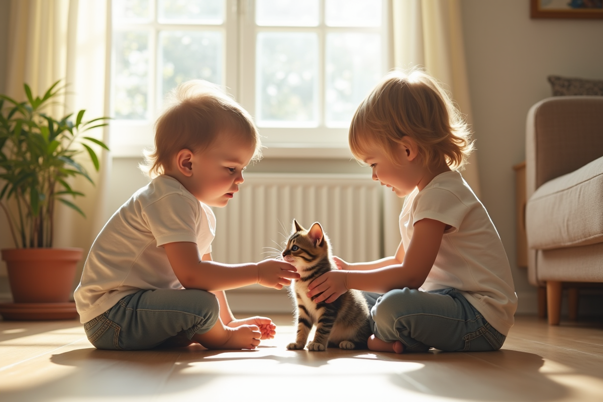 Deux enfants regardent un chaton dans un salon lumineux