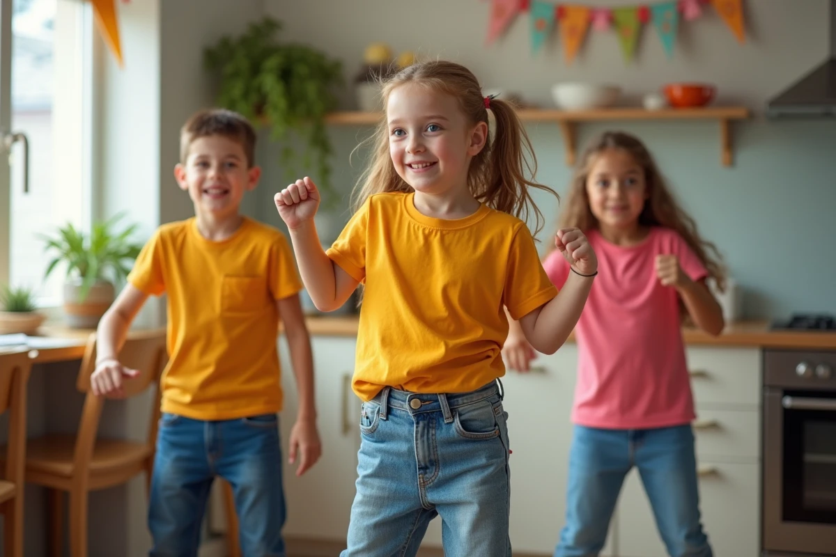 Enfants en mouvement mimant un défi dans une cuisine ensoleillee