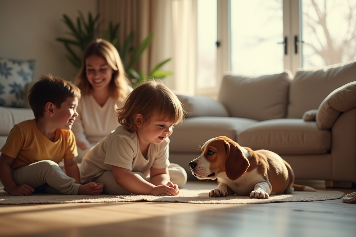 Enfants jouant avec leur beagle lemon dans le salon chaleureux