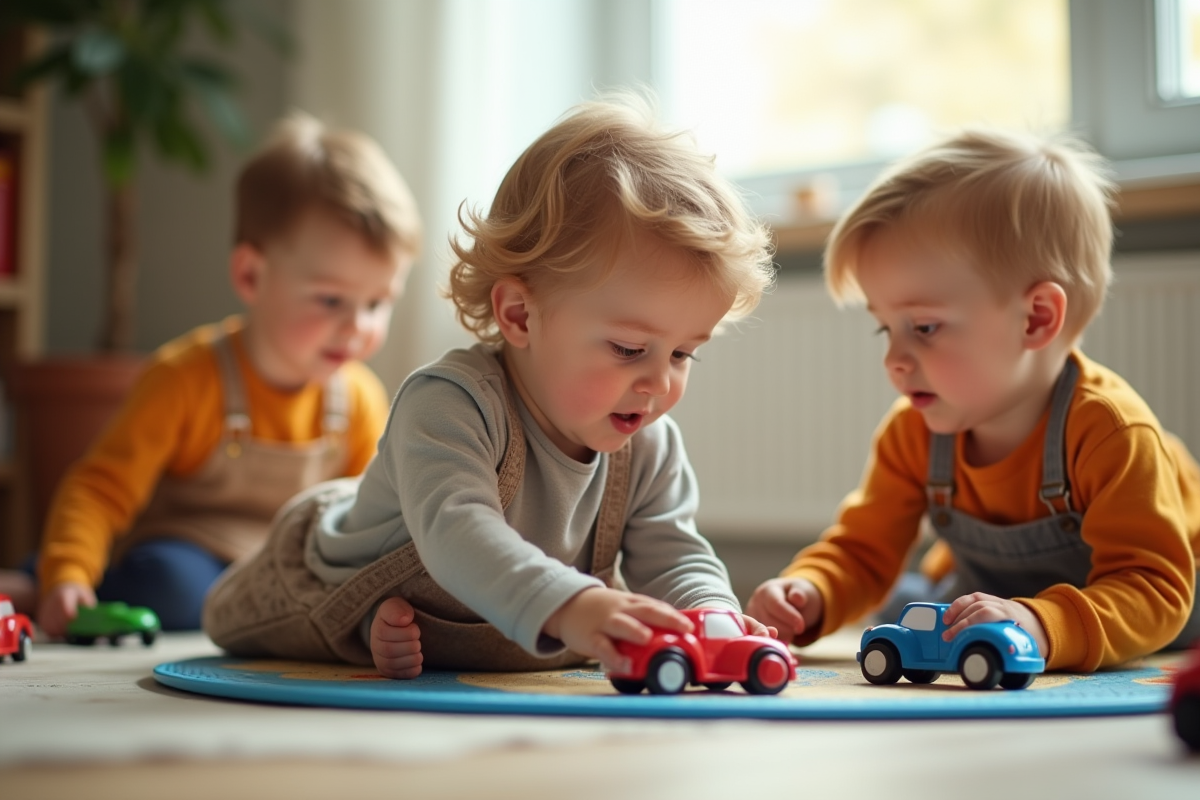 Trois garçons de 3 ans jouant avec des voitures et un tapis