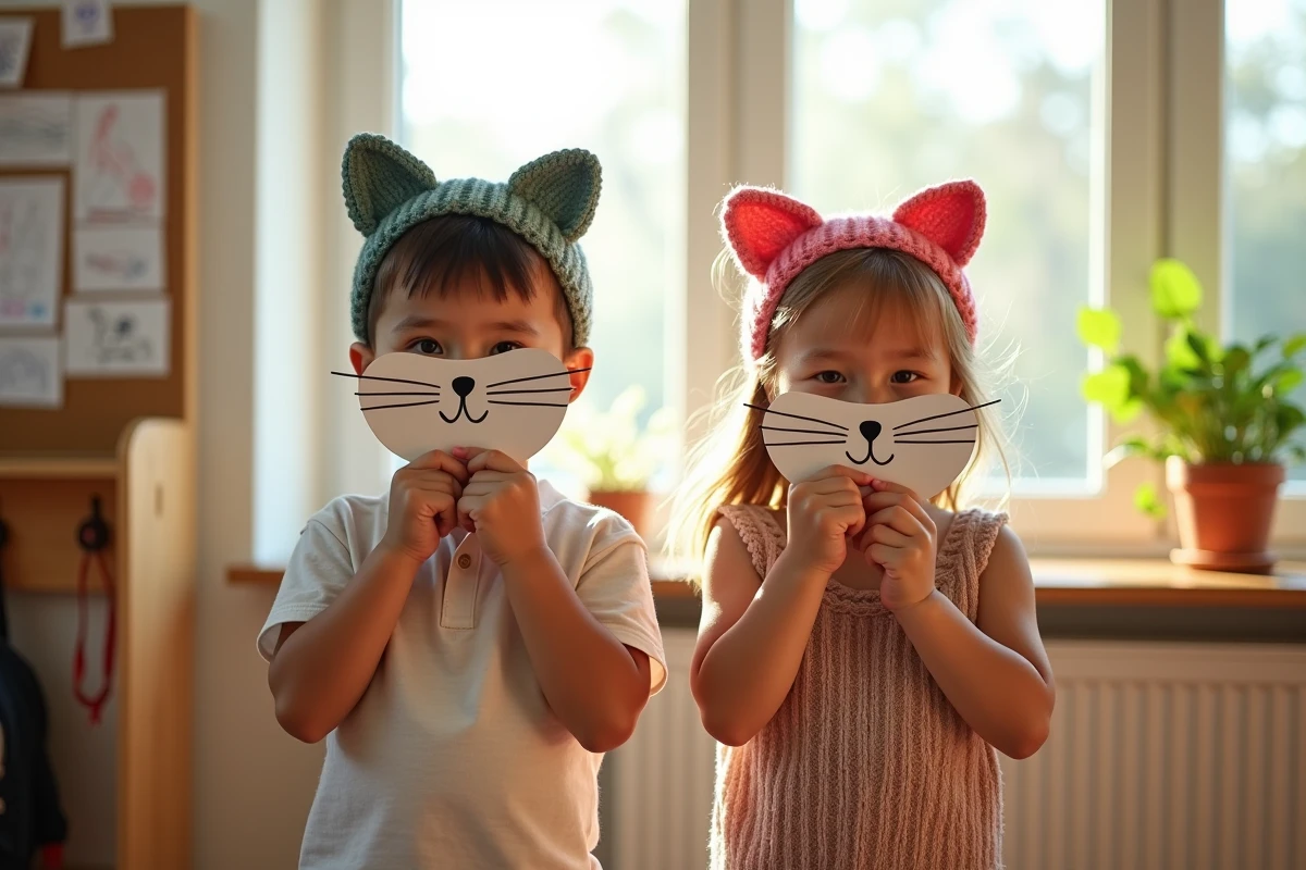 Deux enfants de maternelle jouant avec des masques de chats lors d'une activité sur la comptine 3 petits chats