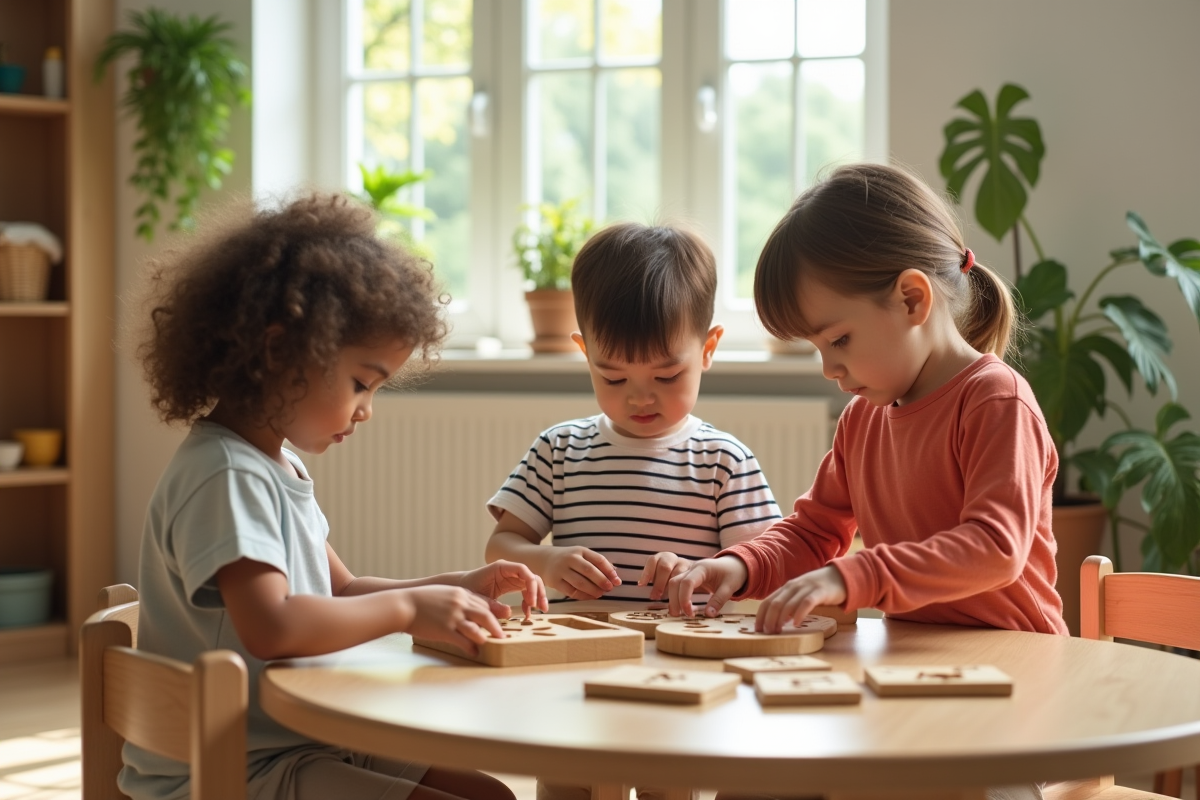 Enfants travaillant avec matériaux Montessori dans la classe
