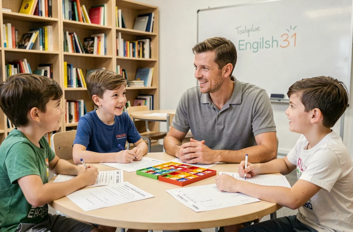 Enseignant anglophone animant un atelier de langue anglaise avec des enfants chez English31 à Toulouse
