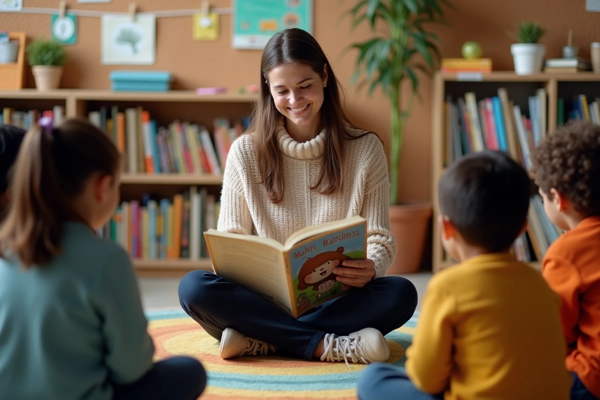 Enseignante lisant un poème sur les parents à ses élèves assis en cercle