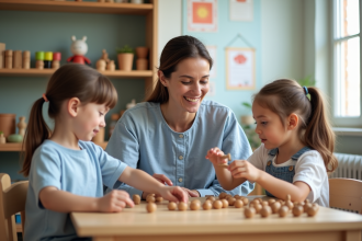 Enseignante Montessori souriante avec enfants en classe