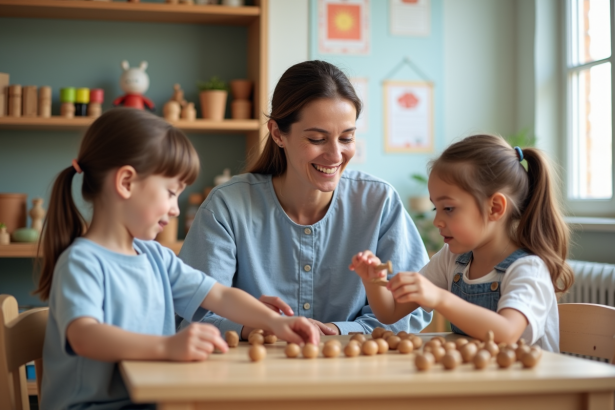 Enseignante Montessori souriante avec enfants en classe