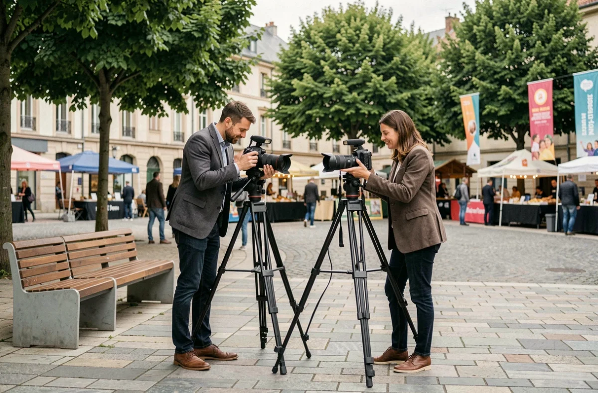 Équipe de photographes professionnels installant leur matériel lors d'un festival en plein air à Montigny-le-Bretonneux