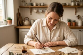 Jeune mère écrivant à la main un faire-part de naissance en calligraphie sur une table en bois dans une cuisine scandinave chaleureuse