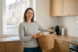 Femme souriante tenant un panier à linge dans une cuisine moderne, profitant de son temps libre grâce au service de ménage Centre Services à Lons-le-Saunier