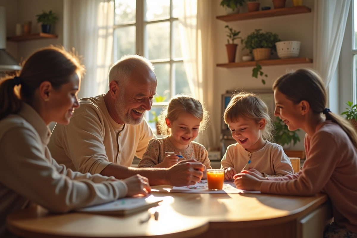 Famille multigenerations autour d une table en cuisine