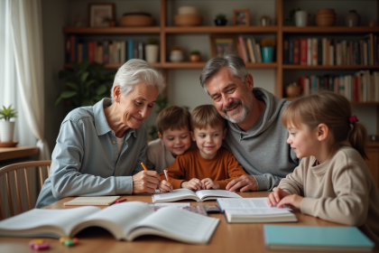 Famille aidant aux devoirs dans une salle à manger chaleureuse